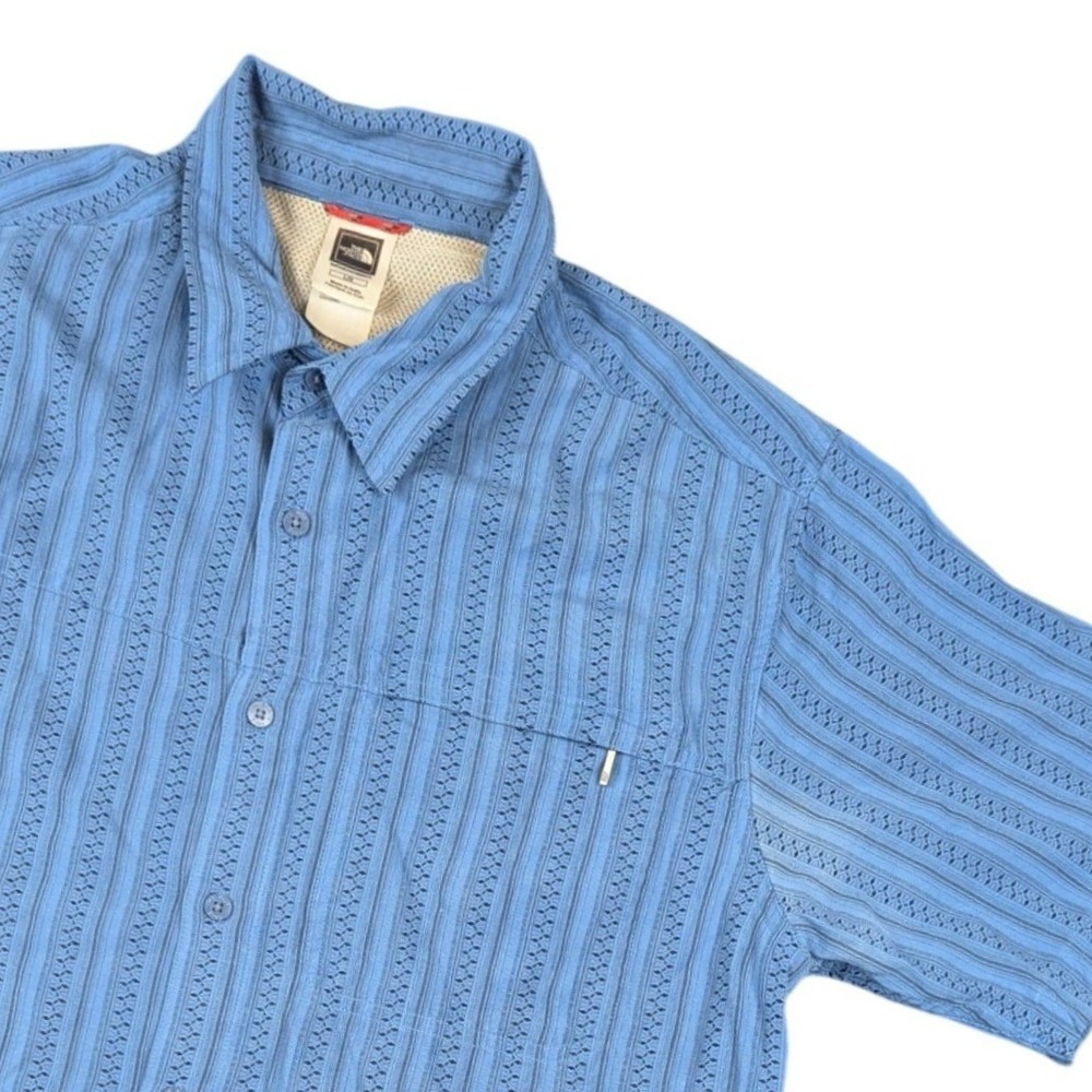 The North Face Mens Blue Textured Stripe Short Sleeve Button Up Shirt AH6T L